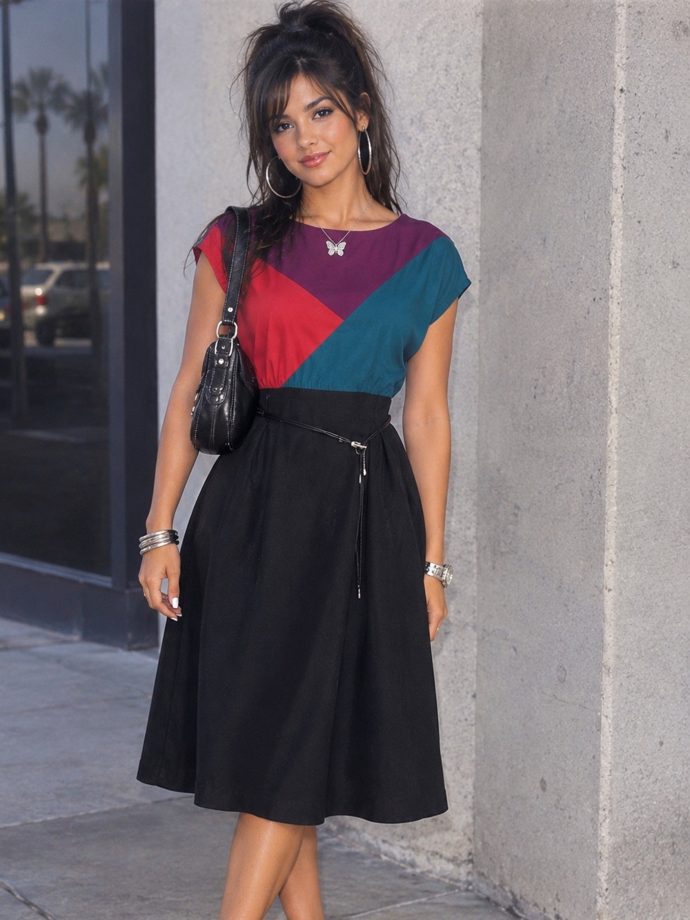 Vintage Y2K Alyx Colorblock Midi Dress in Teal, Magenta, Red & Black size 18